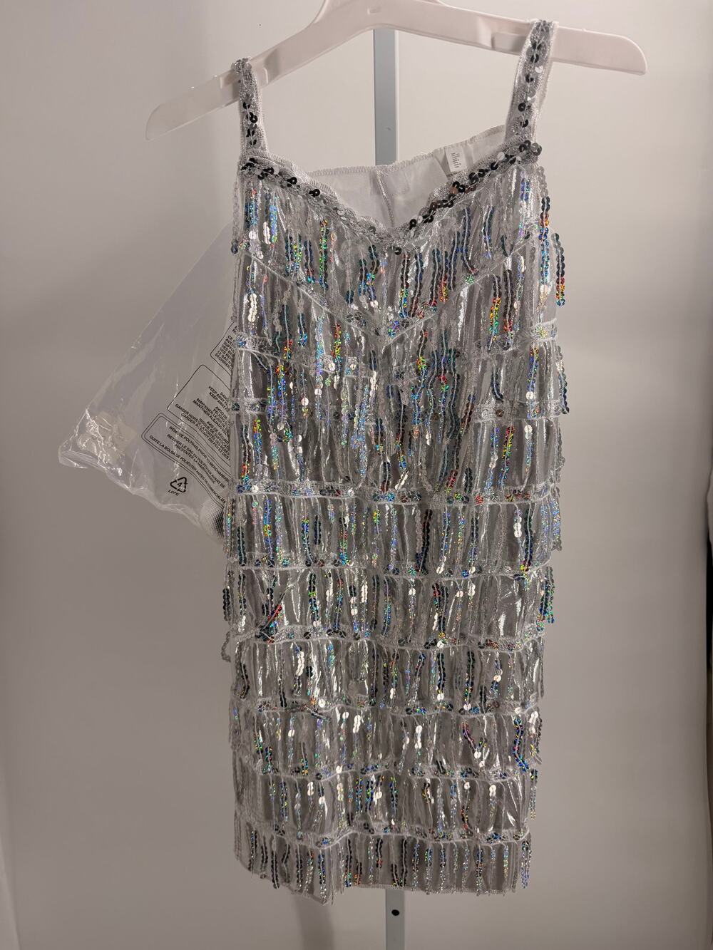 Girls Silver Sequin Fringe Flapper Dress Costume Large Disco 1920s NIP
